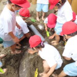 4歳児「砂場での川づくり、温泉作り」